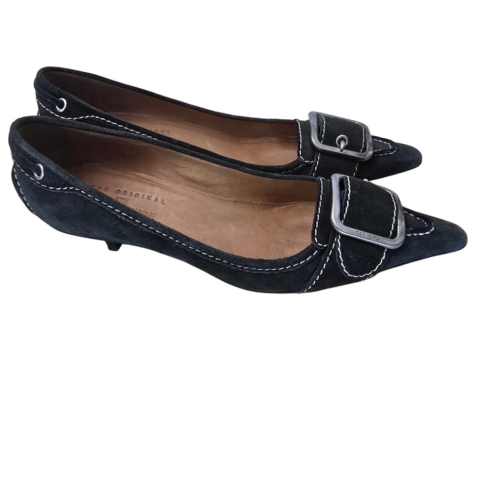 Car Shoe Womens Dark Green Suede Buckle Pointed Toe Kitten Heels Italy 37.5